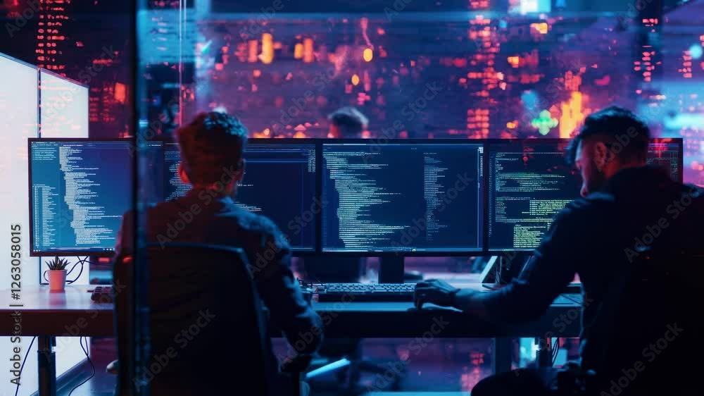 Poster over-the-shoulder angle of two programmers in a neon-lit room, focused on code-filled screens, creat