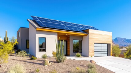 A modern house featuring solar panels, surrounded by desert landscaping and mountains under a vibrant blue sky.