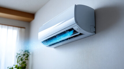 Modern Air Conditioning Unit on Wall with Cooling Breeze Effect in Contemporary Living Space, Enhancing Comfort and Air Quality Indoors