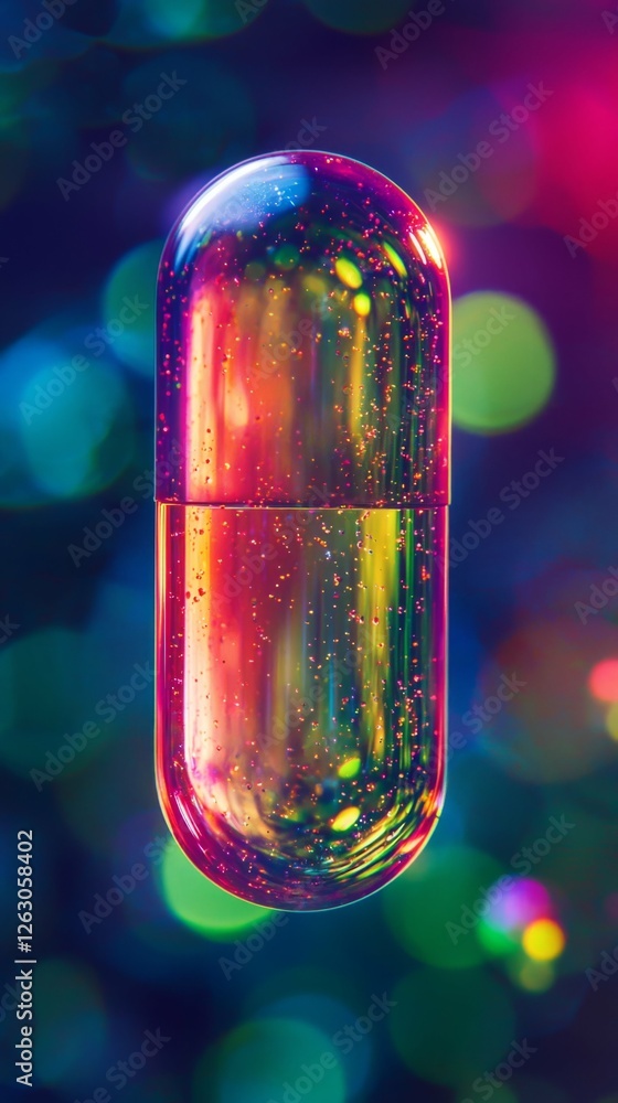 Poster vibrant mixed color capsule with glittering background and bokeh