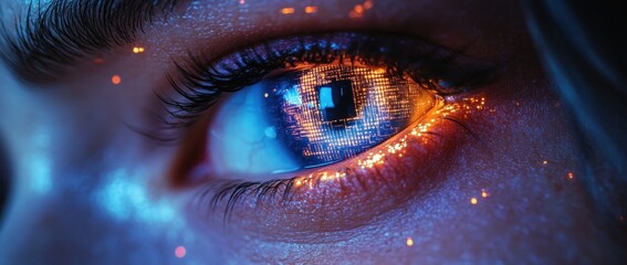 Futuristic Cyberpunk Eye with Digital Elements and Neon Lighting