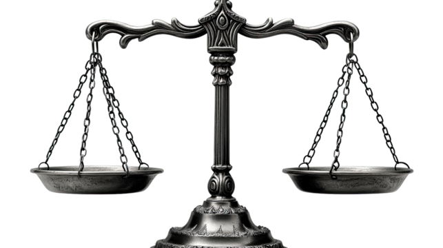 Justice in Balance: A close-up studio shot of an antique scale, meticulously crafted with intricate detail, symbolizes fairness and legal justice.