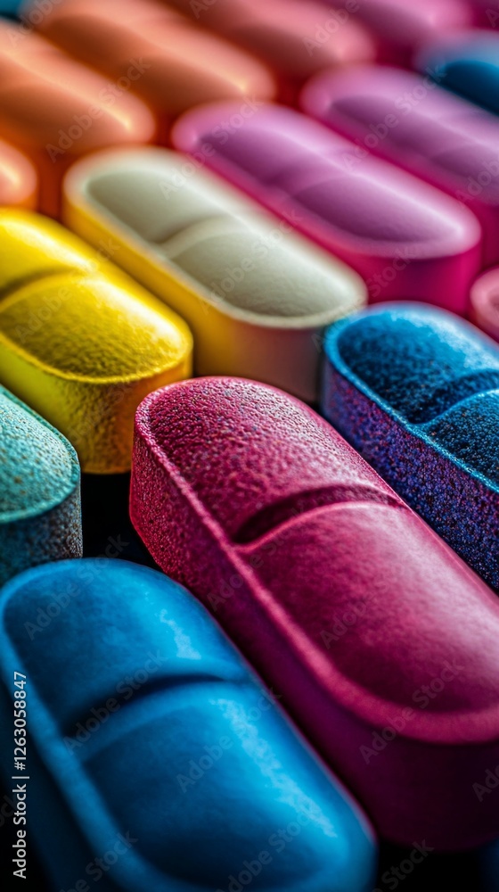 Poster vibrant array of colorful capsules in close-up perspective