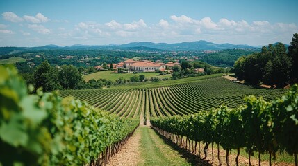 Fototapeta premium Vineyard Estate in Rolling Hills Under a Blue Sky