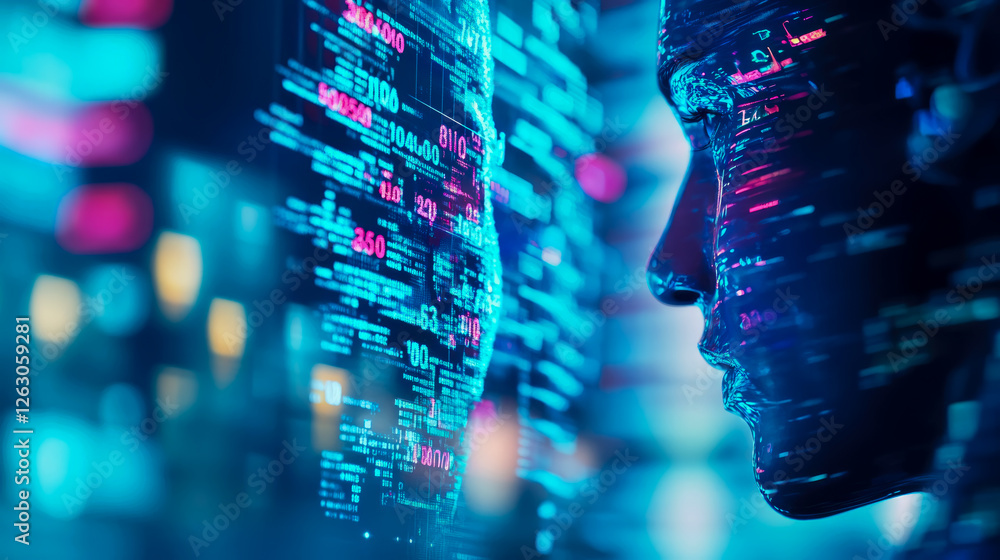 Poster data driven future: abstract head with digital information overlay