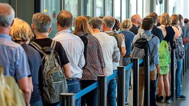 Long queue of European people with backpacks and luggage standing in line. Concept of public waiting, travel logistics, and organization.