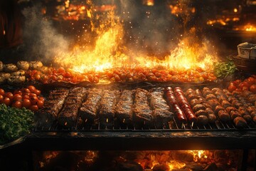 Sizzling Summer Barbecue Grill Feast with Juicy Steaks Sausages Grilled Vegetables