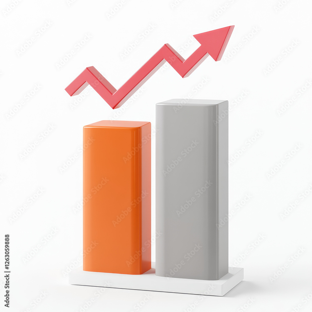 Poster analyzing bar graph trends orange gray and pink vertical bars with red zigzag arrow on white base