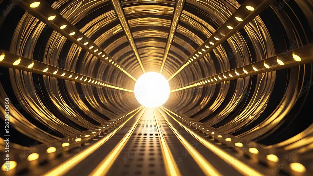Poster futuristic glowing tunnel with golden metallic structure and radiant light at the center creating a 