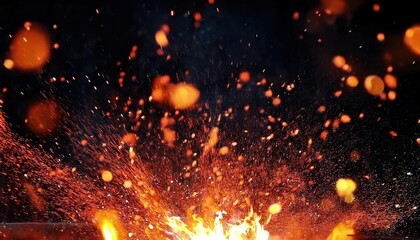 Fototapeta premium fiery explosion with glowing embers and sparks flying in the dark, intense burning fire with orange hot particles background