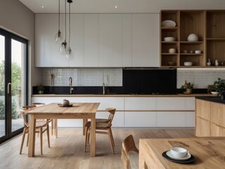 Modern Minimalist Kitchen With Wooden Dining Table