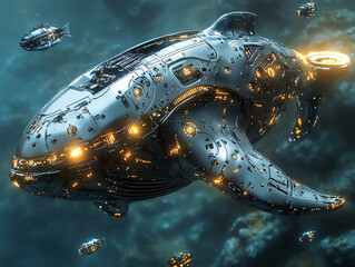 Naklejka premium a futuristic, metallic whale swimming underwater with glowing circuitry and a serene oceanic background.