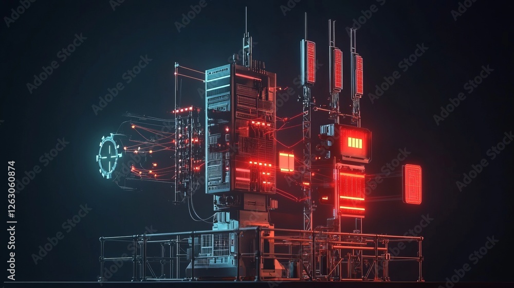Poster cyberpunk server farm. futuristic technology for data processing and storage.