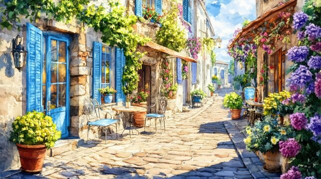 Fototapeta Narrow cobblestone street in a charming European village with yellow and beige stone buildings