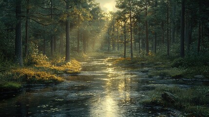 Obraz premium Serene Sunset Over Forest Stream And Trees