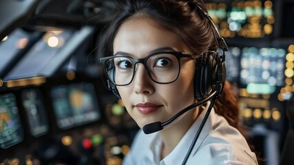A confident aviator wearing glasses sits in the cockpit, prepared for takeoff. The control panel glows with various lights as the anticipation builds for an exciting flight ahead.