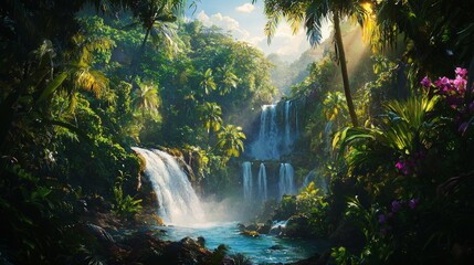 Fototapeta premium Lush Tropical Rainforest Landscape with Waterfalls and Sunlight