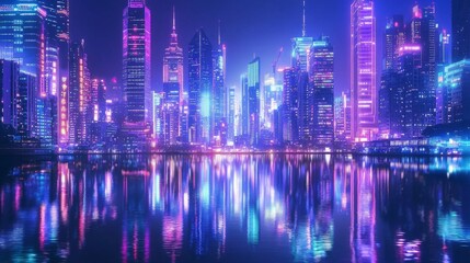 Fototapeta premium Neon City Skyline at Night with Reflections on Water Surface