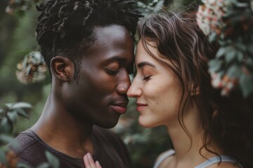 Fototapeta premium Portrait of a satisfied mixed race couple in their 20s kissing