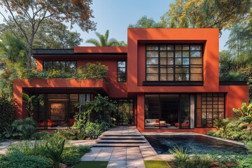 Naklejka premium A minimalist red house with modern architecture under a sunny sky.