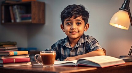 A cute Indian schoolboy with charming features sits at a desk, surrounded by books, a cup of chai and a study lamp.  The image shows a quiet, indoor setting with soft pastel lighting