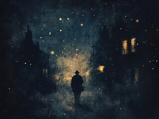 Fototapeta premium Noir Nightscape Silhouette of Man Walking Through Foggy City Street at Night.