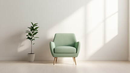 Styling a green armchair with a plant for a modern minimalist living room mockup white wall background contemporary interior design aesthetic viewpoint