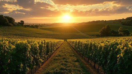 Naklejka premium Vineyard Sunset Golden Hour Rolling Hills Landscape