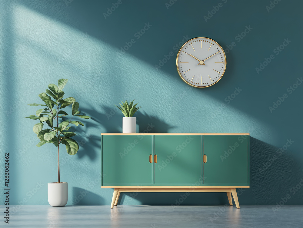 Poster stylish modern sideboard displaying green color with brass details complemented by wall clock and pl