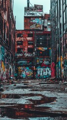 Fototapeta premium Urban Alleyway with Vibrant Graffiti and Reflections in Puddles