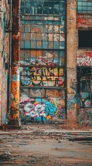 Fototapeta premium Abandoned Urban Structure with Colorful Graffiti and Decaying Walls