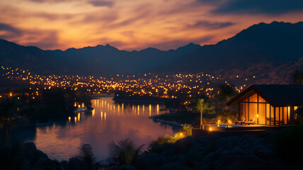 Fototapeta premium serene sunset view over river with glowing city lights and modern villas. tranquil atmosphere is enhanced by palm trees and mountains in background