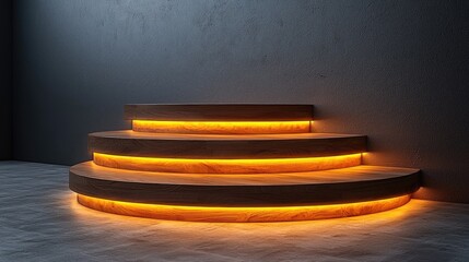 Obraz premium Illuminated Wooden Circular Steps Against Dark Wall