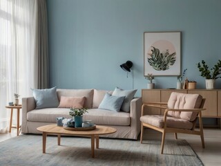 Modern Living Room With Beige Sofa And Wooden Accents