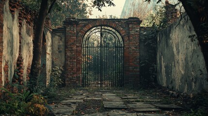Fototapeta premium Abandoned Garden Gate Surrounded by Overgrown Vegetation