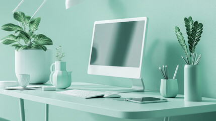Creating a stylish minty green office workspace a guide to aesthetic desks with computers and smartphones