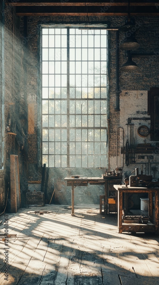 Poster sunlight streaming through window in rustic workshop space