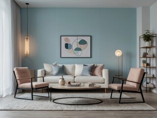 Fototapeta premium Modern Living Room Interior Design Featuring Pale Blue Walls