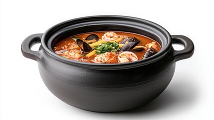 A rich seafood stew in a black pot, featuring shrimp, mussels, and garnished with herbs, offering a vibrant and appetizing presentation.