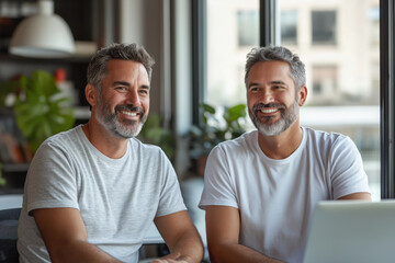 Two men, 35 years old and 45 years old, are sitting in a modern office and smiling. Advertising banner.