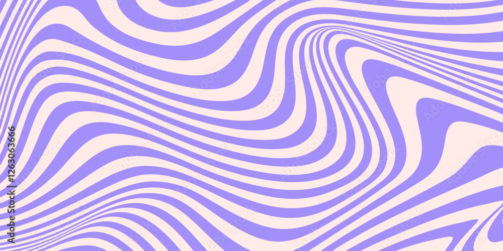 Poster Abstract horizontal monochrome background with dynamic waves. Trendy vector illustration in style retro 60s, 70s. Beige and purple colors