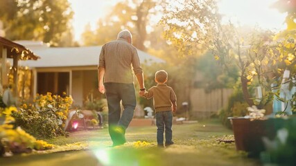 A heartwarming moment of a grandfather and his young grandson walking hand in hand through a lush garden bathed in warm golden sunlight. The serene atmosphere and soft focus evoke themes of family
