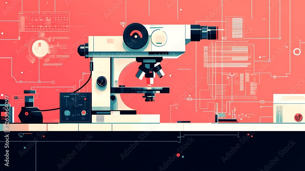 Poster modern microscope in a futuristic laboratory setting with digital interfaces.