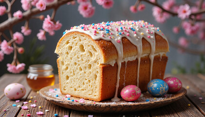 Tall Easter Cake with White Glaze and Pink Flowers for Easter Cards, Blog Illustrations, Website Decor, and Festive Designs