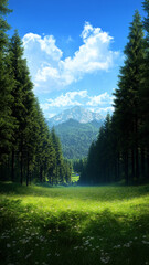 serene landscape featuring dense forest with tall trees, misty mountains in background, and vibrant green meadow. scene evokes sense of tranquility and natural beauty