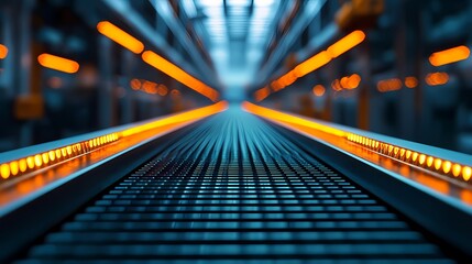 A mesmerizing view of a lit walkway with an intriguing pattern, showcasing a blend of orange and blue tones in a modern industrial setting.