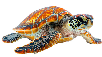 Fototapeta premium A Turtle's Golden Embrace: A majestic sea turtle exhibits its vibrant shell patterns against a serene backdrop, embodying the beauty of marine life.