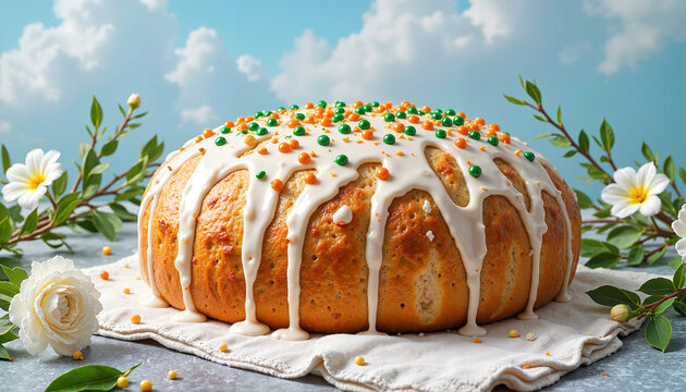 Round Easter Cake with White Glaze and Sprinkles for Easter Blog, Website, Card Design, and Festive Projects