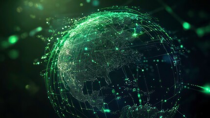 Obraz premium Green glowing digital earth globe with network connections.