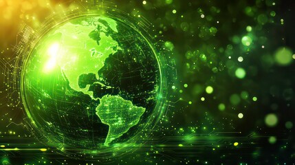 Obraz premium Green glowing Earth globe digital network connection concept.